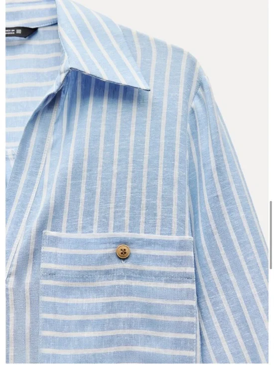 Zara Light Blue and White Striped Linen Blend Midi Shirt Dress - Picture 5 of 7